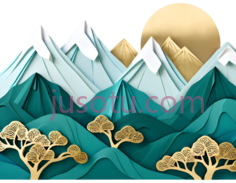 山,树,太阳,插画,金色,蓝色,白色PNG