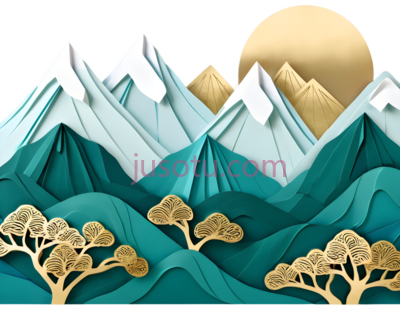 山,树,太阳,插画,金色,蓝色,白色, PNG