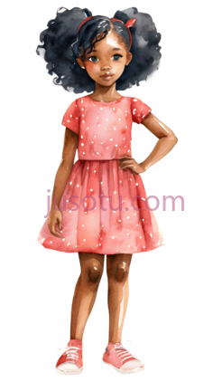 小女孩,卡通插画,粉色连衣裙配白色波点PNG