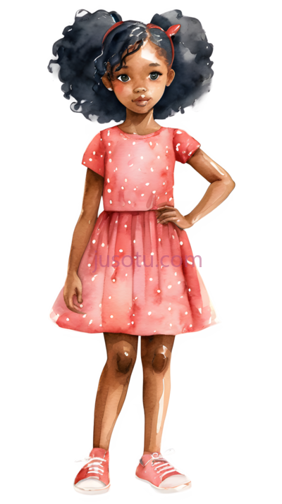 小女孩,卡通插画,粉色连衣裙配白色波点, PNG
