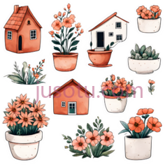 房子,花盆,花朵,卡通,插画,粉色PNG
