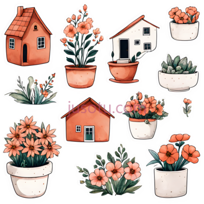 房子,花盆,花朵,卡通,插画,粉色, PNG