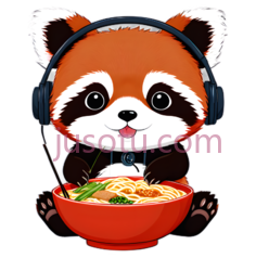 可爱卡通,红色熊猫,耳机,吃拉面,筷子PNG