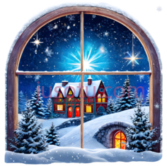 圣诞窗景,雪景,星星PNG