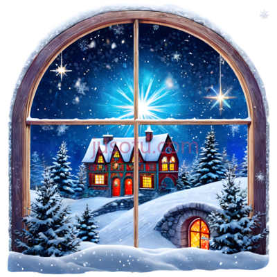 圣诞窗景,雪景,星星, PNG