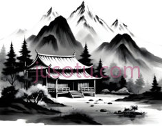 山水画,水墨画,黑白PNG