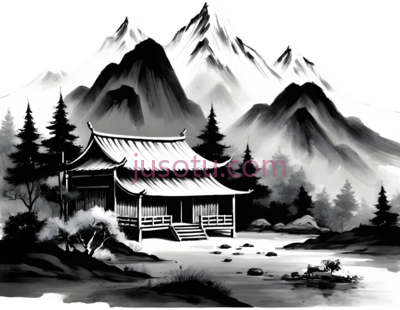 山水画,水墨画,黑白, PNG