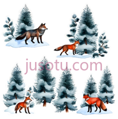 冬季,圣诞树,狼,狐狸,雪林, PNG