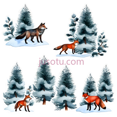 冬季,圣诞树,狼,狐狸,雪林, PNG