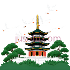 卡通,大雁塔,飞鸟,绿化PNG