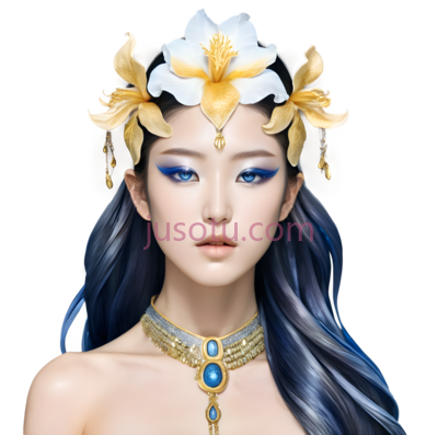 人物,插画,蓝色长发,金色饰品, PNG