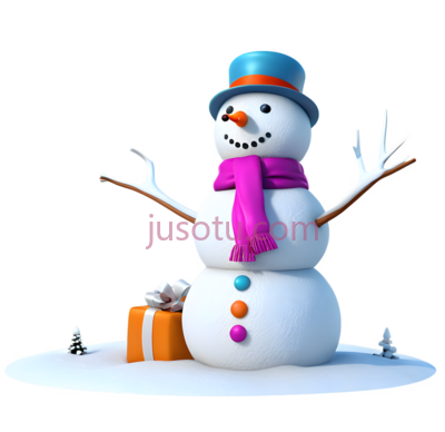 雪人,卡通,白色身体, 蓝色帽子, 粉色围巾, 橙色鼻子, 黄色,橙色纽扣, PNG