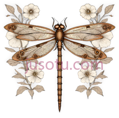蜻蜓,复古花卉,金色PNG