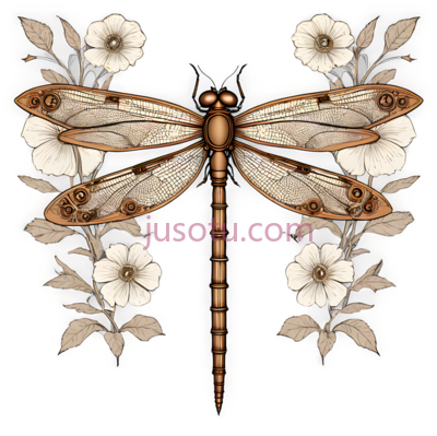 蜻蜓,复古花卉,金色, PNG