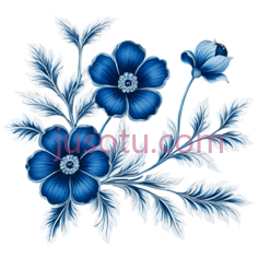 花朵,叶子,刺绣,蓝色,白色PNG
