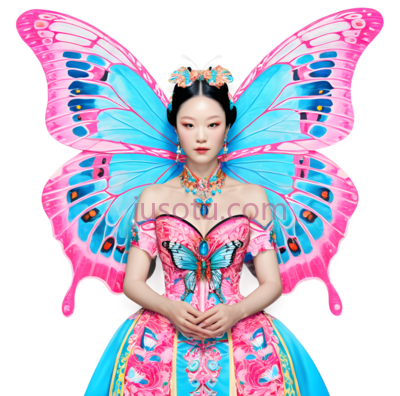 蝴蝶仙子,中国服饰与奇幻元素相结合,蓝色,粉红色, PNG