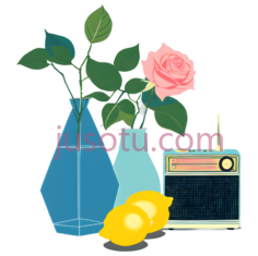 蓝色,柠檬,花瓶,收音机PNG