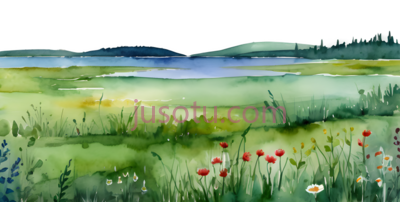 草地,水彩画,绿色,蓝色,红色, PNG