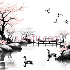 樱花树,飞鸟,鸳鸯,山石,水墨画,粉色,白色,黑色PNG