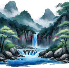 水彩画,蓝河,瀑布, PNG