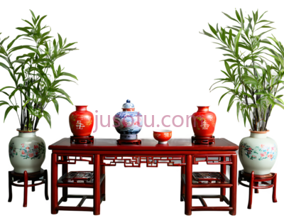桌子,花瓶,茶壶,传统中式,红色,蓝色,白色, PNG