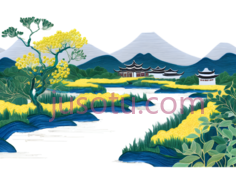 山,树,房子,插画,蓝色,黄色,绿色PNG