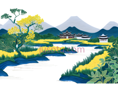 山,树,房子,插画,蓝色,黄色,绿色, PNG
