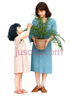 女人, 小女孩, 植物盆栽,卡通,蓝色, 粉色PNG