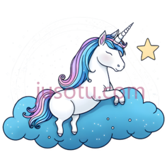 独角兽,卡通,白色身体, 多彩鬃毛PNG