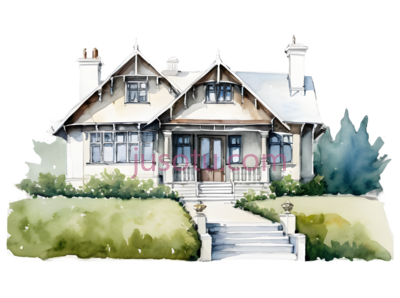 房屋,水彩画,绿色,白色, PNG