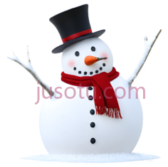 雪人,卡通,白色身体,黑色纽扣,橙色鼻子,红色围巾,黑色帽子PNG