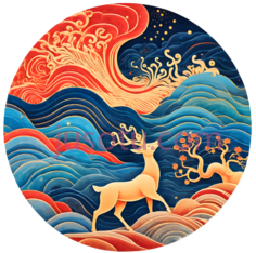 鹿,中国风插画,橙色,蓝色,红色PNG