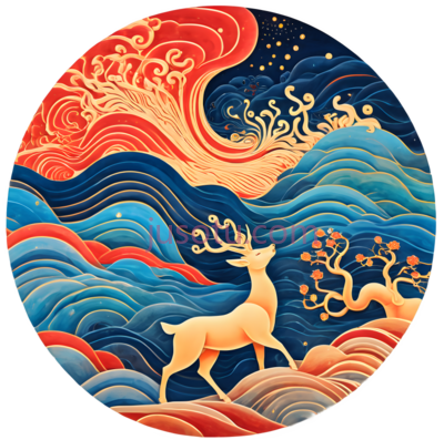 鹿,中国风插画,橙色,蓝色,红色, PNG