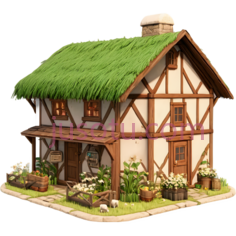 小木屋,乡村,绿色屋顶,白色墙壁PNG