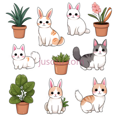 可爱猫咪,兔子,植物, PNG