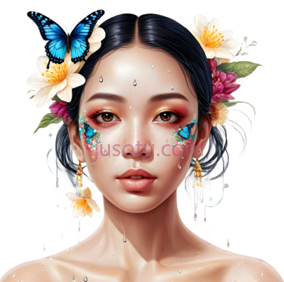 花朵,蝴蝶,插画,蓝色,黄色,粉色, PNG