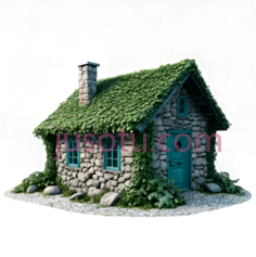 小屋,卡通,绿色屋顶, 石墙, 蓝色门PNG