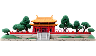 亭子,中式建筑,黄色屋顶, 红色柱子,栏杆, PNG