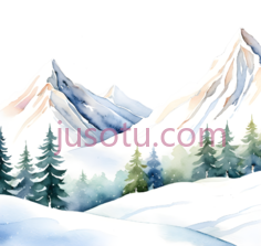 雪山, 松树,水彩画,白色, 蓝色, 绿色PNG