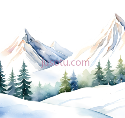 雪山, 松树,水彩画,白色, 蓝色, 绿色, PNG