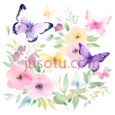 蝴蝶,花朵,水彩画,紫色,粉色,黄色,绿色PNG