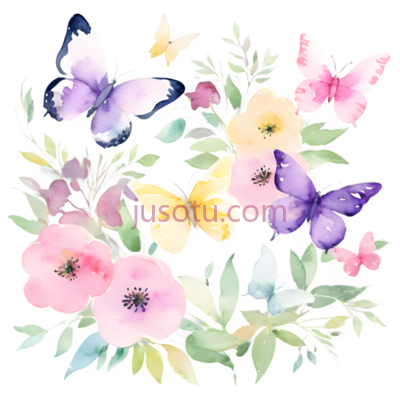 蝴蝶,花朵,水彩画,紫色,粉色,黄色,绿色, PNG