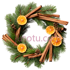 复古圣诞花环,橙子,桂棒,松针PNG