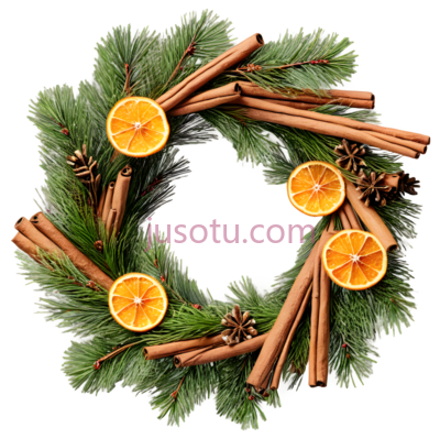 复古圣诞花环,橙子,桂棒,松针, PNG