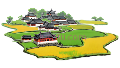 乡村风景,卡通,绿色, 黄色, 白色, 红色, PNG