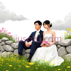 夫妇,婚纱礼服,石墙,草地PNG