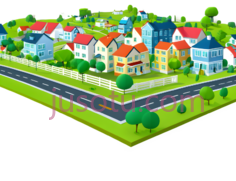 小镇,卡通,蓝色,红色,黄色,绿色PNG