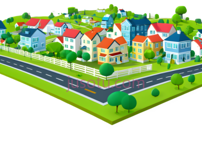 小镇,卡通,蓝色,红色,黄色,绿色, PNG