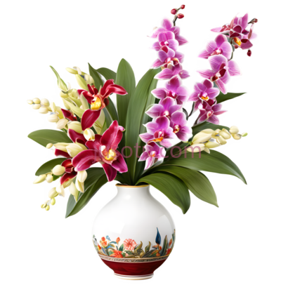 花瓶,传统花卉图案,白色带红色,黄色图案, PNG