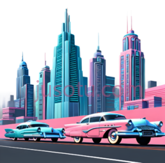 汽车,建筑物,复古,蓝色,粉色PNG